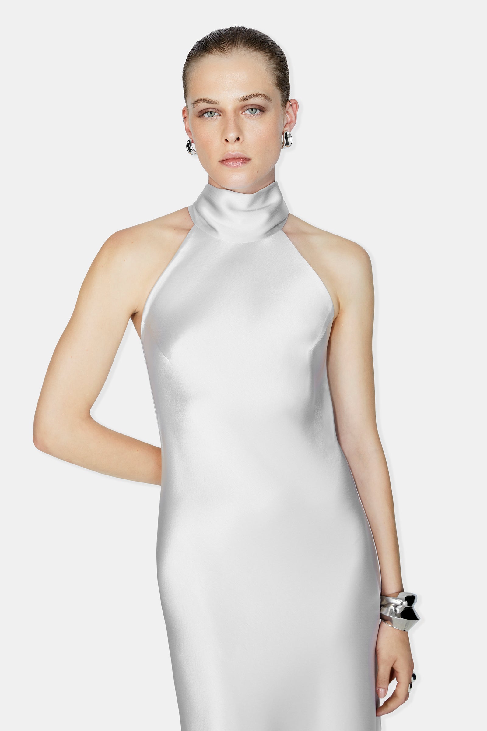 Luxury Designer Silk Halterneck Silver Dress Luxury Eveningwear Dresses Galvan London